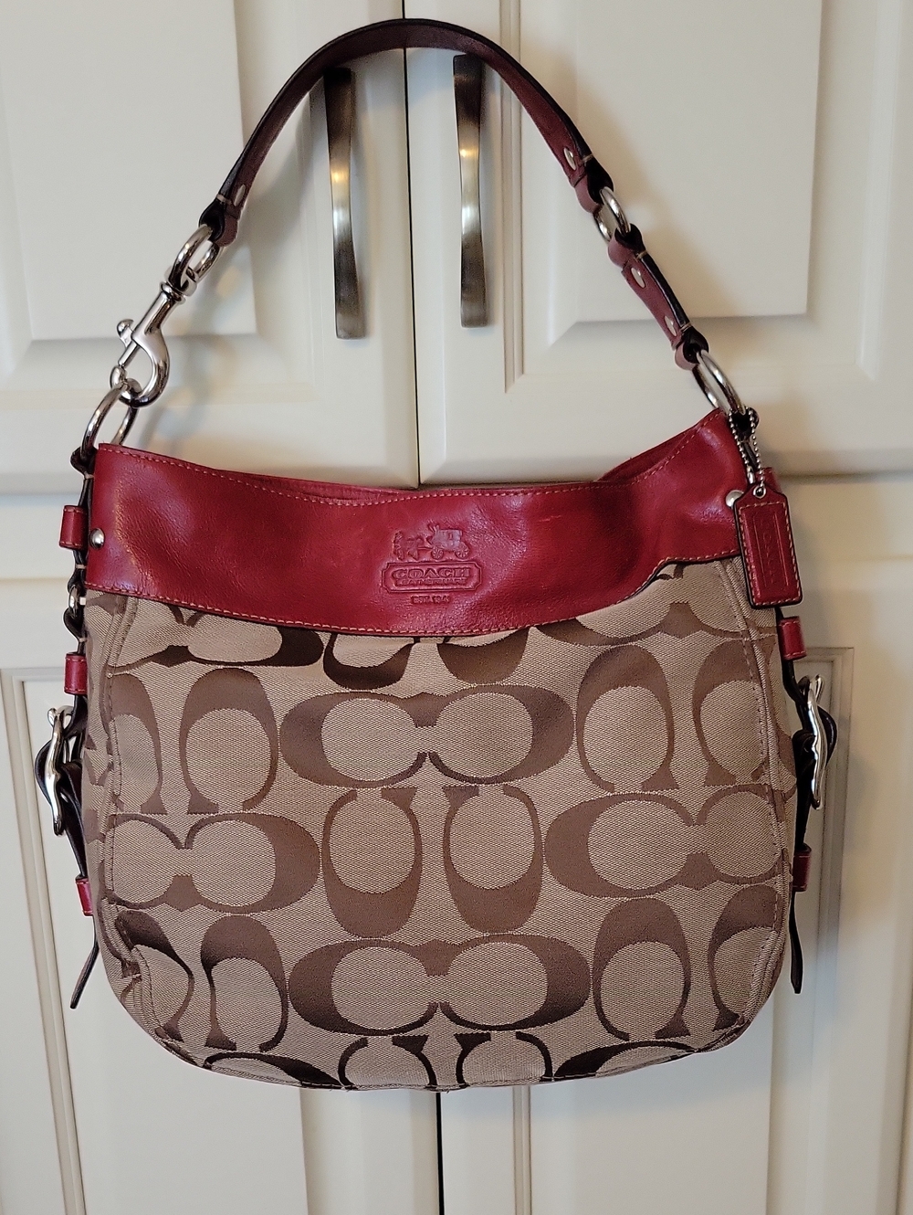 Coach Tan Signature Canvas Shoulder Bag with Red Leather Trim